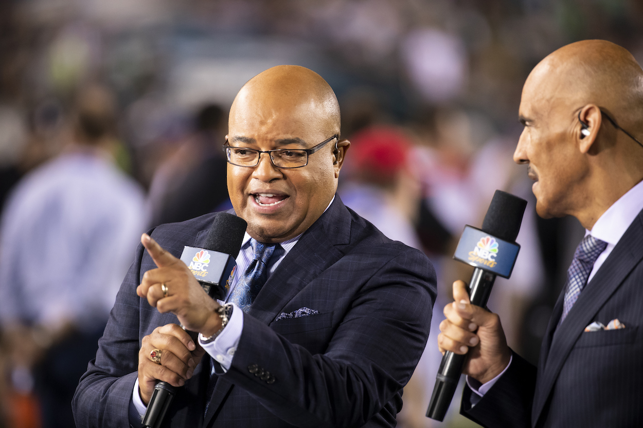 Mike Tirico and Tony Dungy, who discussed the Jon Gruden scandal on 'Sunday Night Football,' participates in NBC Sports broadcast before the game between the Philadelphia Eagles and the Atlanta Falcons at Lincoln Financial Field on September 6, 2018 in Philadelphia, Pennsylvania.