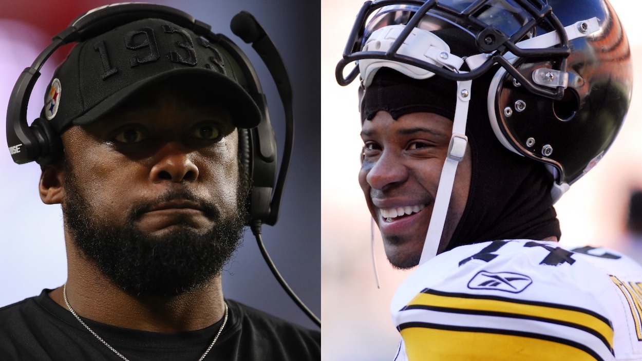 (L-R) Head coach Mike Tomlin of the Pittsburgh Steelers on the sidelines during the NFL game against the Arizona Cardinals at State Farm Stadium on December 08, 2019 in Glendale, Arizona. The Steelers defeated the Cardinals 23-17; Defensive back Ike Taylor of the Pittsburgh Steelers smiles prior to a game with the Cleveland Browns on January 2, 2011 at Cleveland Browns Stadium in Cleveland, Ohio. Pittsburgh won 41-9.