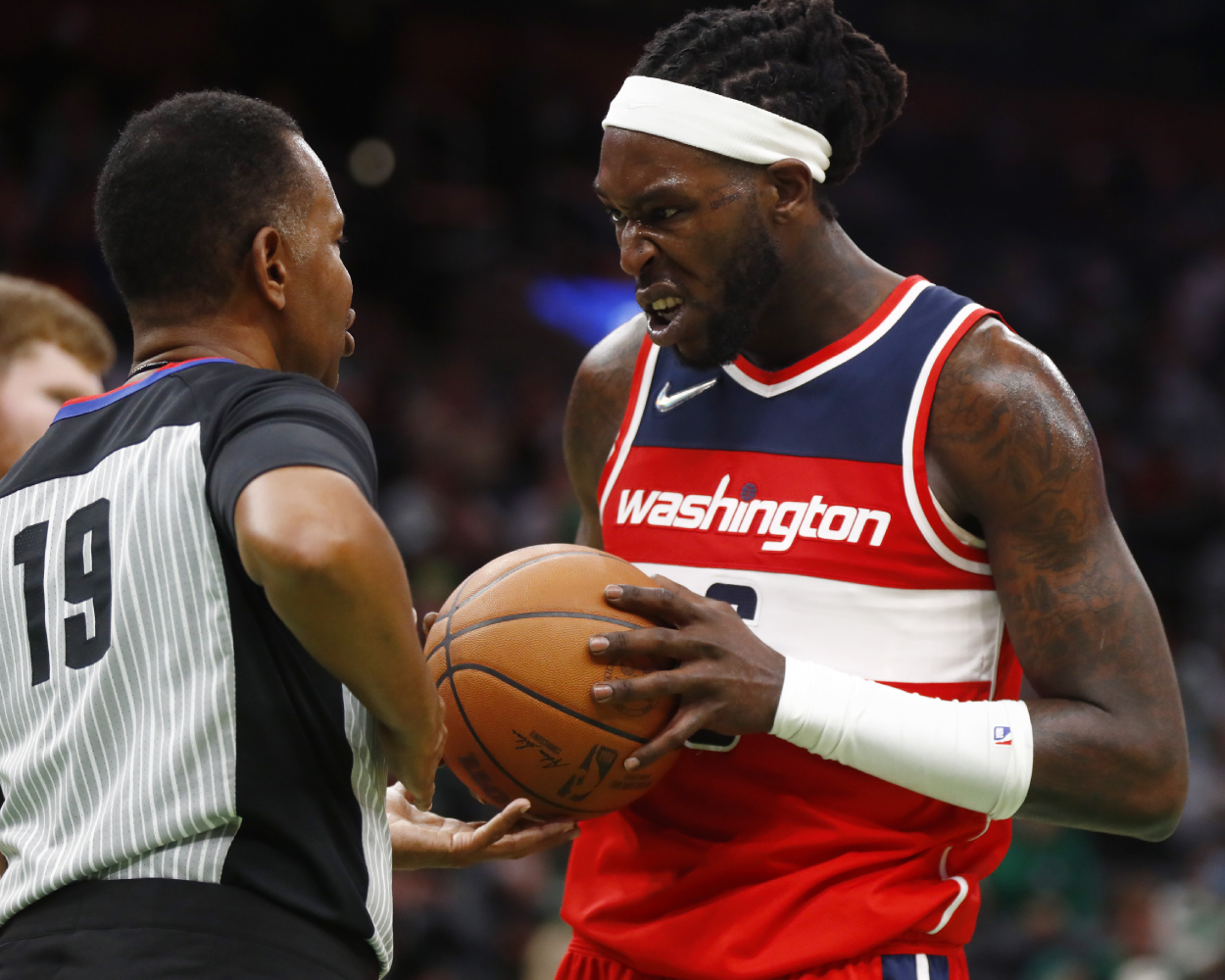 Montrezl Harrell of the Washington Wizards reacts to referee James Capers after being called for a technical.
