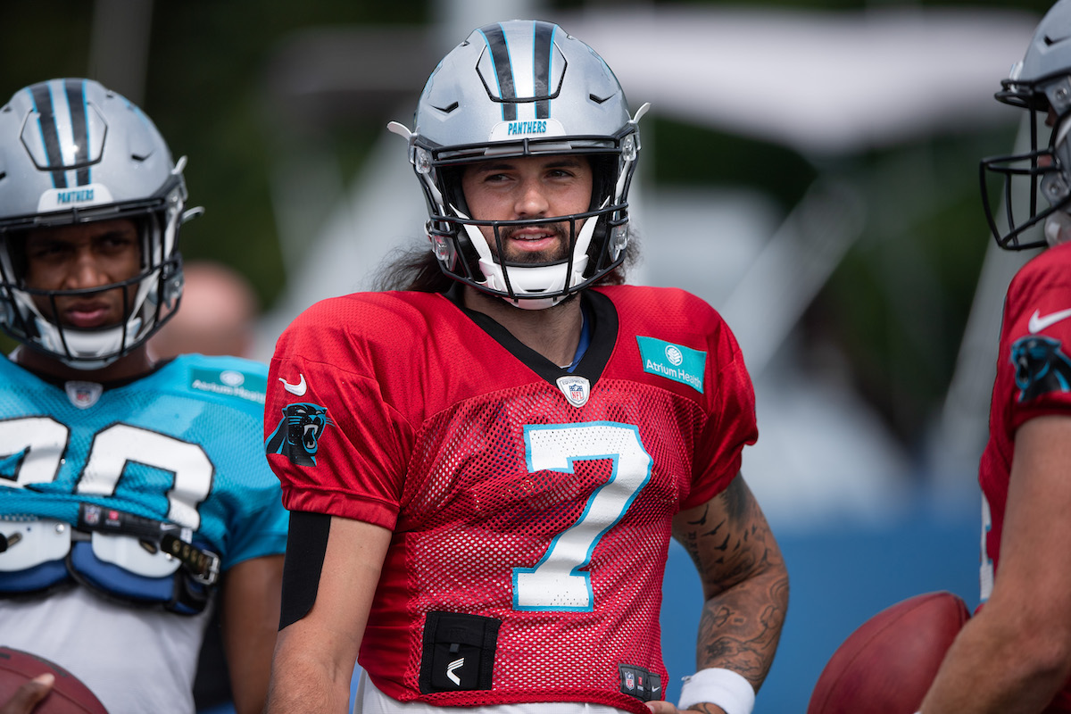 Then-Panthers quarterback Will Grier runs through a drill during training camp