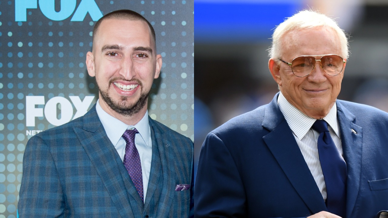 Nick Wright posing for a picture; Jerry Jones smiling before a Cowboys game