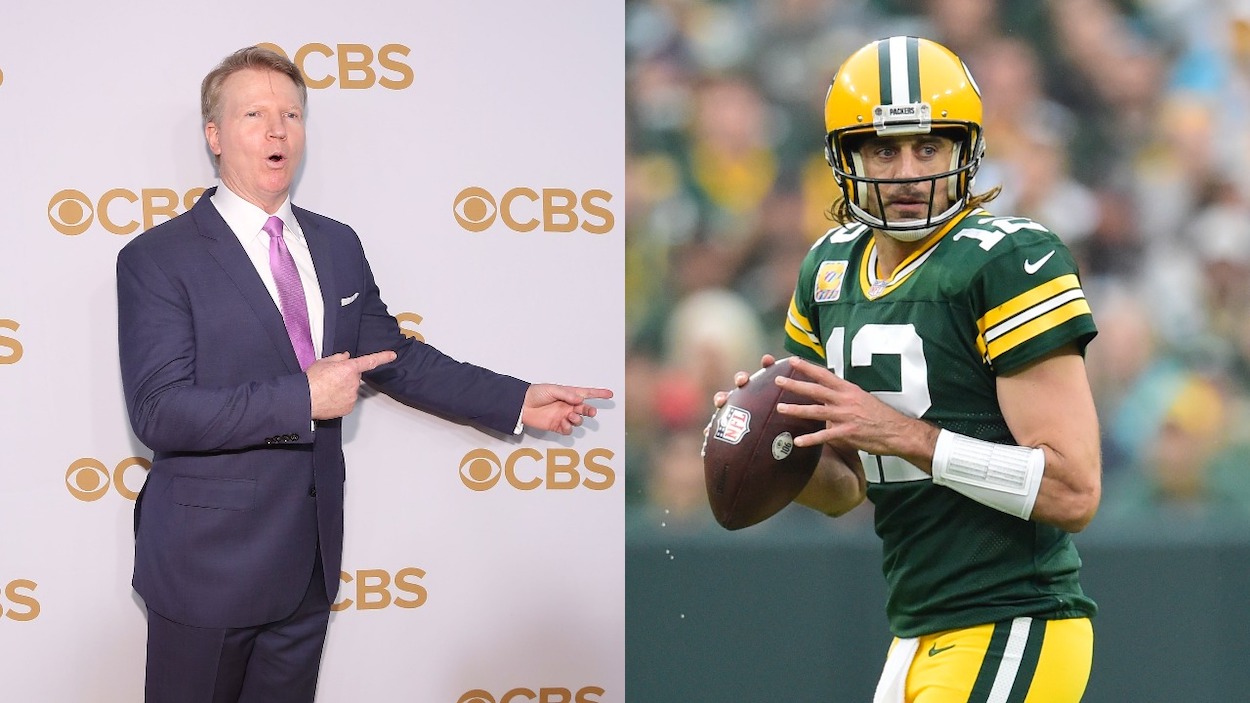 (L-R) Phil Simms attends the 2015 CBS Upfront at The Tent at Lincoln Center on May 13, 2015 in New York City; Aaron Rodgers of the Green Bay Packers looks to pass against the Pittsburgh Steelers in the first half at Lambeau Field on October 03, 2021 in Green Bay, Wisconsin.