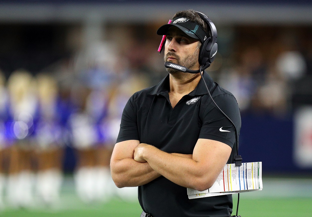 Nick Sirianni, head coach of the Philadelphia Eagles, watches his team against the Dallas Cowboys