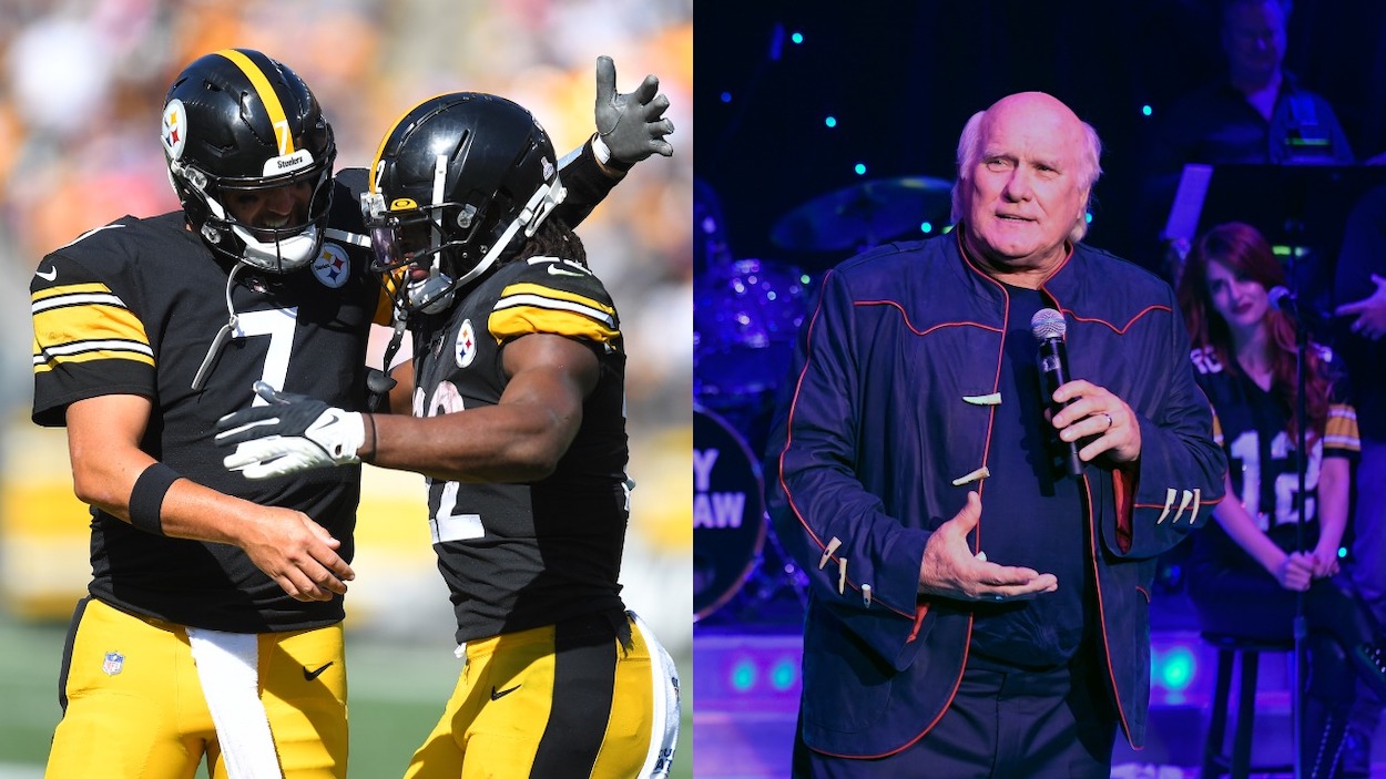 (L-R) Ben Roethlisberger and Najee Harris of the Pittsburgh Steelers celebrate a touchdown against the Denver Broncos during the second quarter at Heinz Field on October 10, 2021 in Pittsburgh, Pennsylvania; Pro Football Hall of Fame member and sports broadcaster Terry Bradshaw performs during the premiere of his show "The Terry Bradshaw Show" at Luxor Hotel and Casino on August 01, 2019 in Las Vegas, Nevada.