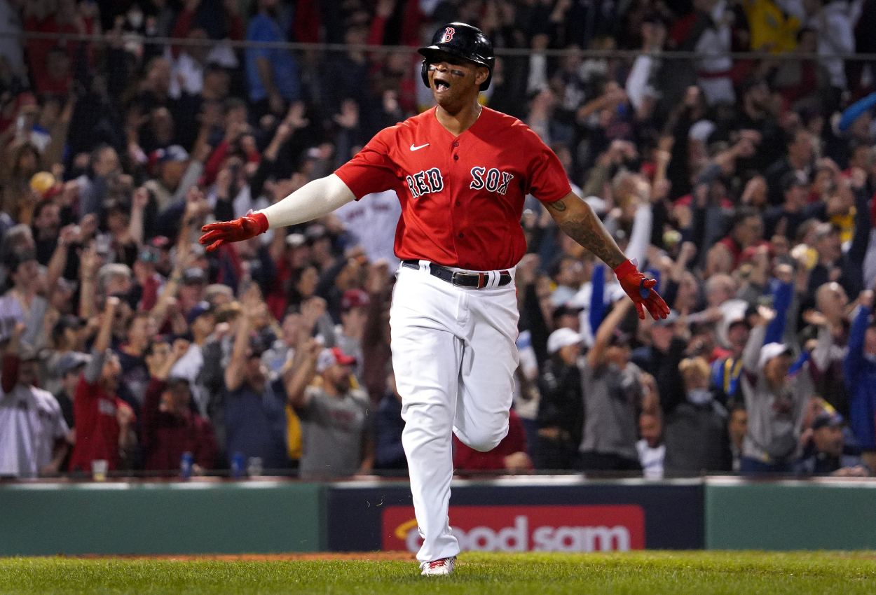 Boston Red Sox third baseman Rafael Devers celebrates his three-run home run.