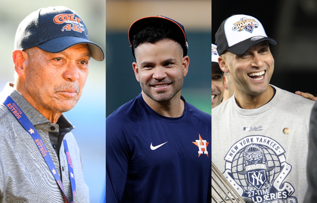 Baseball legend Reggie Jackson and Houston Astros star Jose Altuve in 2021, and New York Yankees great Derek Jeter in 2009.