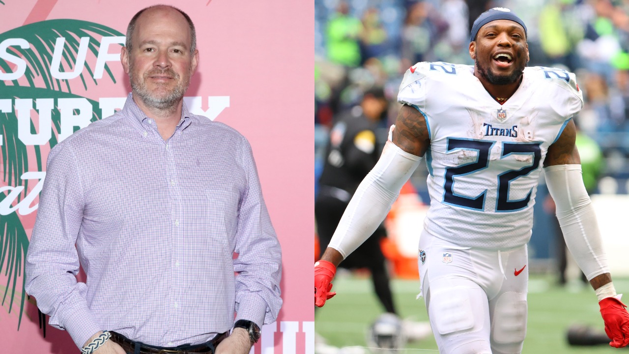 Rich Eisen posing for a photo; Derrick Henry running off the field after a game