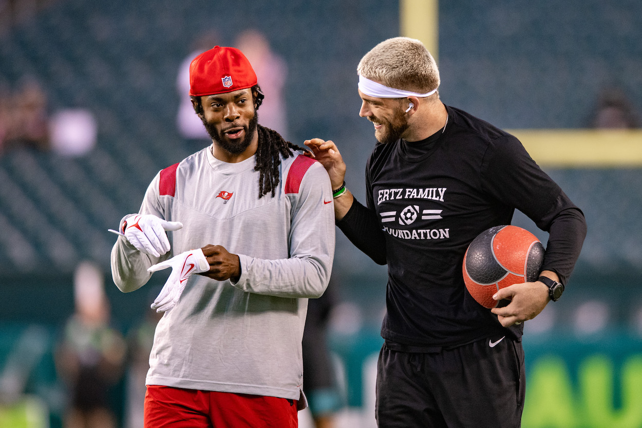 Tampa Bay Buccaneers cornerback Richard Sherman and Philadelphia Eagles tight end Zach Ertz chat prior to the game between the Tampa Bay Buccaneers and Philadelphia Eagles on October 14, 2021 at Lincoln Financial Field in Philadelphia, PA.