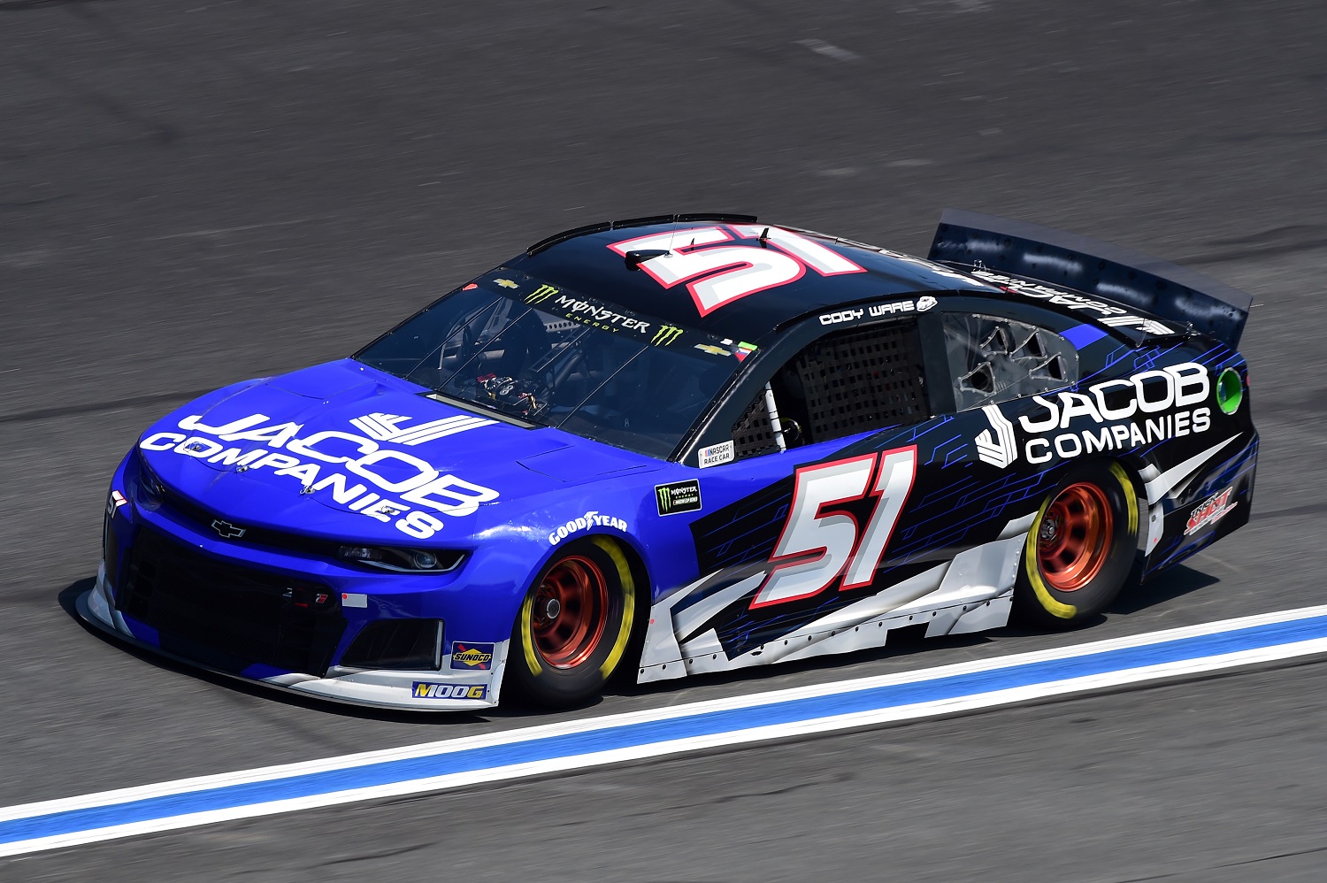 Cody Ware, driver of the No. 51 Chevrolet, practices for the Monster Energy NASCAR Cup Series Bank of America Roval 400 at Charlotte Motor Speedway on Sept. 27, 2019.