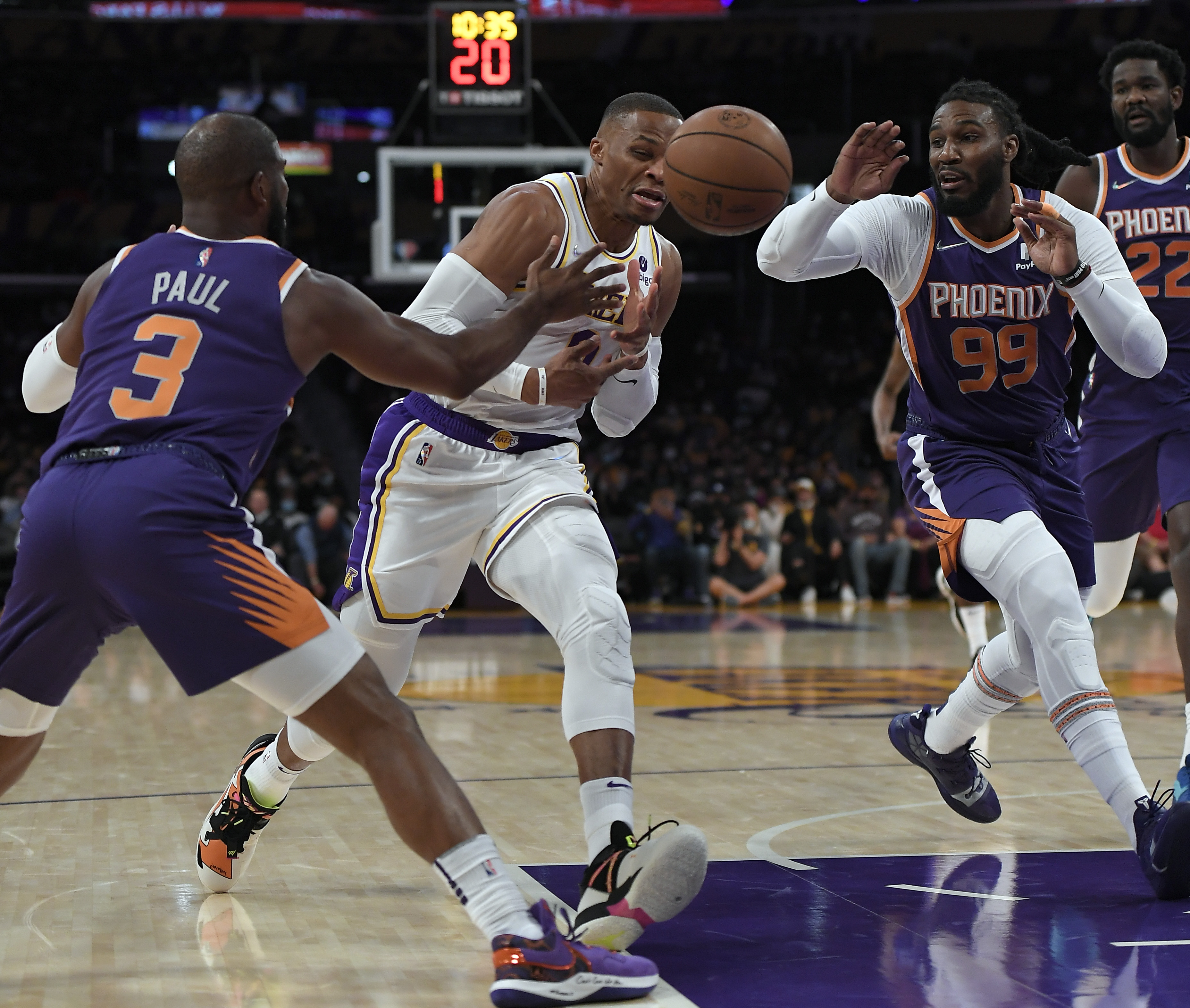 Lakers guard Russell Westbrook loses the ball during a preseason game