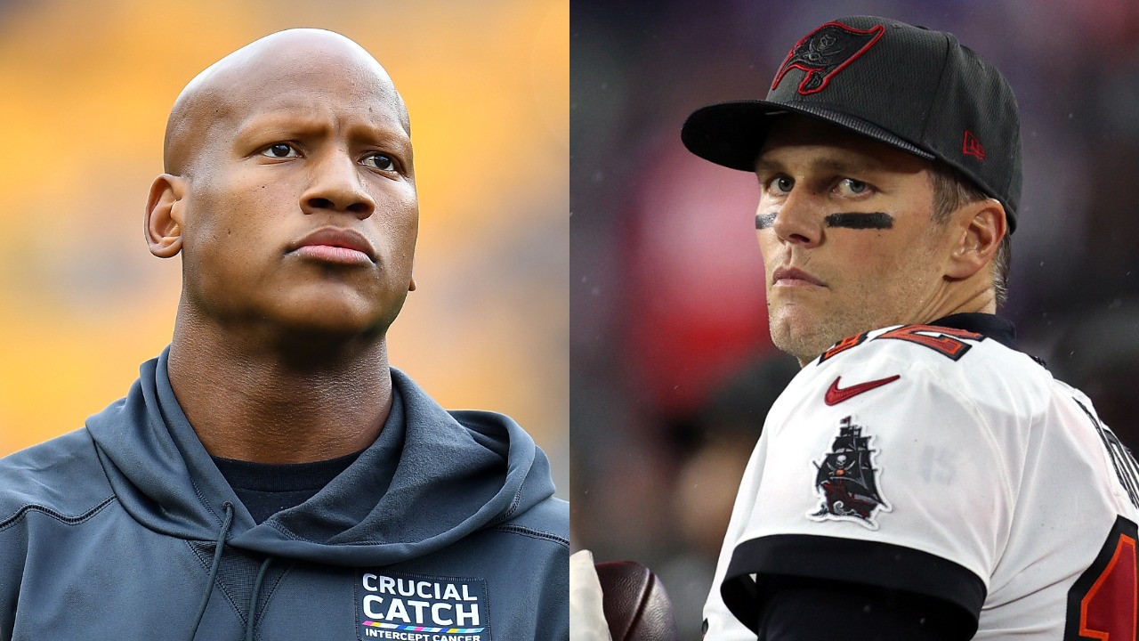 Former NFL LB Ryan Shazier looks on before a game; Bucs QB Tom Brady warms up before a game