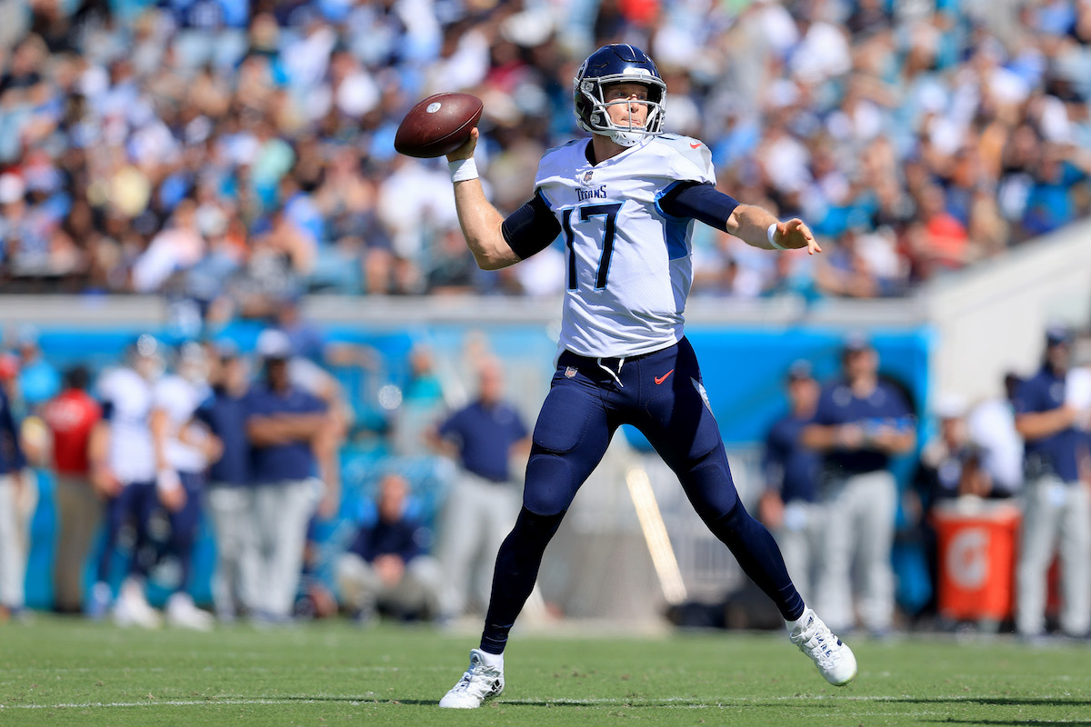 Ryan Tannehill, #17 of the Tennessee Titans, attempts a pass during the game against the Jacksonville Jaguars at TIAA Bank Field on October 10, 2021, in Jacksonville, Florida