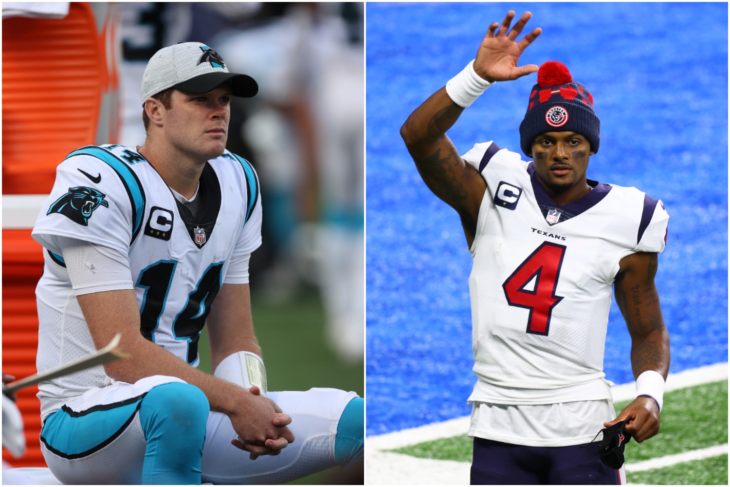 Carolina Panthers QB Sam Darnold sits on the bench as Houston Texans QB Deshaun Watson waves to fans.