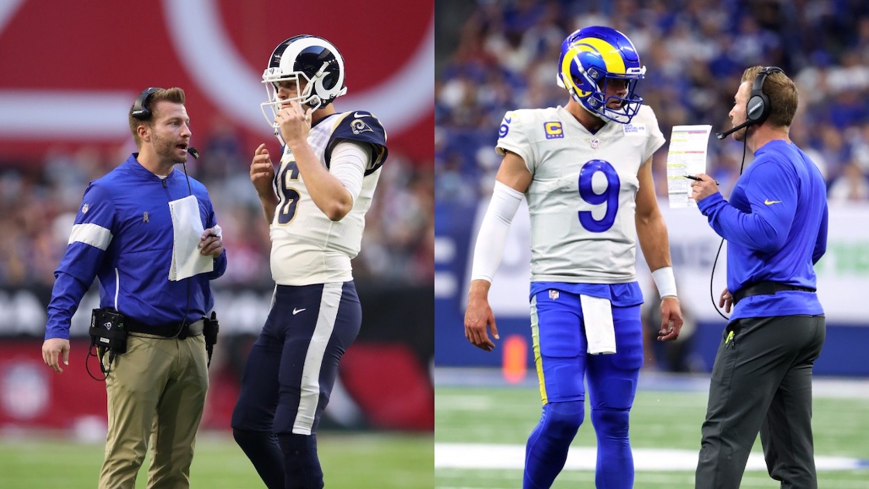 (L-R) Two QBs going head-to-head in NFL Week 7, Head coach Sean McVay of the Los Angeles Rams talks with quarterback Jared Goff during the second half of the NFL game against the Arizona Cardinals at State Farm Stadium on December 01, 2019 in Glendale, Arizona; Quarterback Matthew Stafford and head coach Sean McVay of the Los Angeles Rams talk on the field in the first half of the game against Indianapolis Colts at Lucas Oil Stadium on September 19, 2021 in Indianapolis, Indiana.