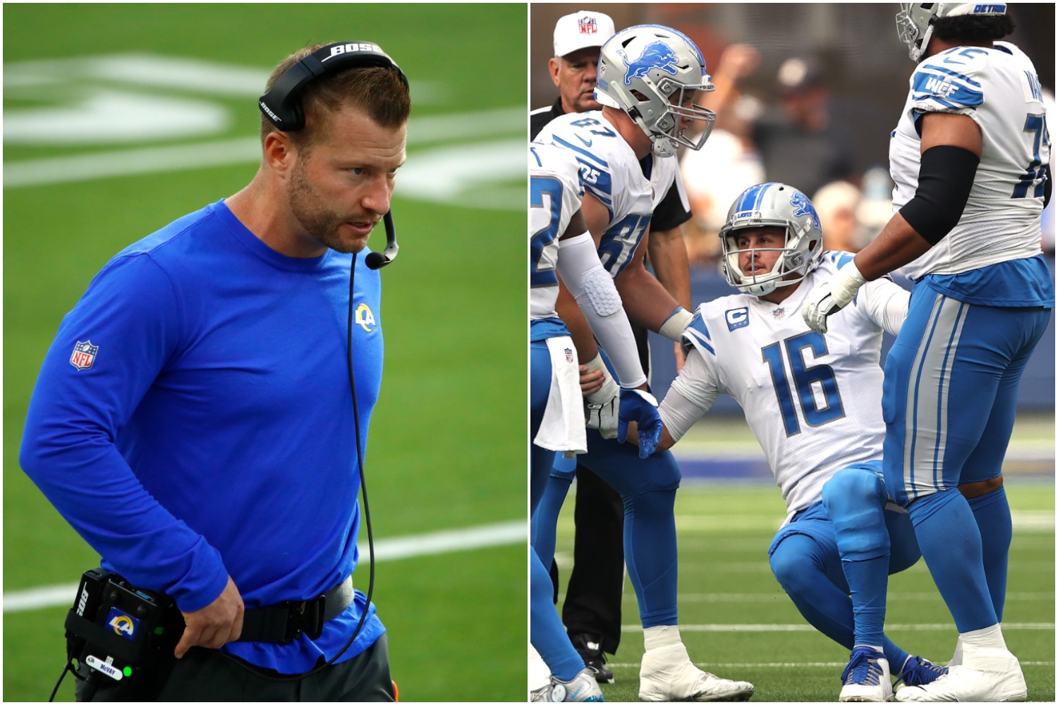 Los Angeles Rams head coach Sean McVay walks down the sidelines as Detroit Lions offensive linemen help quarterback Jared Goff get off the ground.