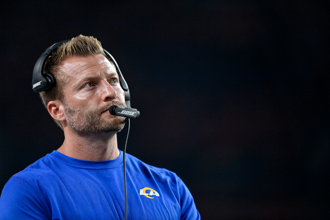 LA Rams Head coach Sean McVay walks along the sideline during an NFL preseason game against the Denver Broncos at Empower Field at Mile High on August 28, 2021 in Denver, Colorado.