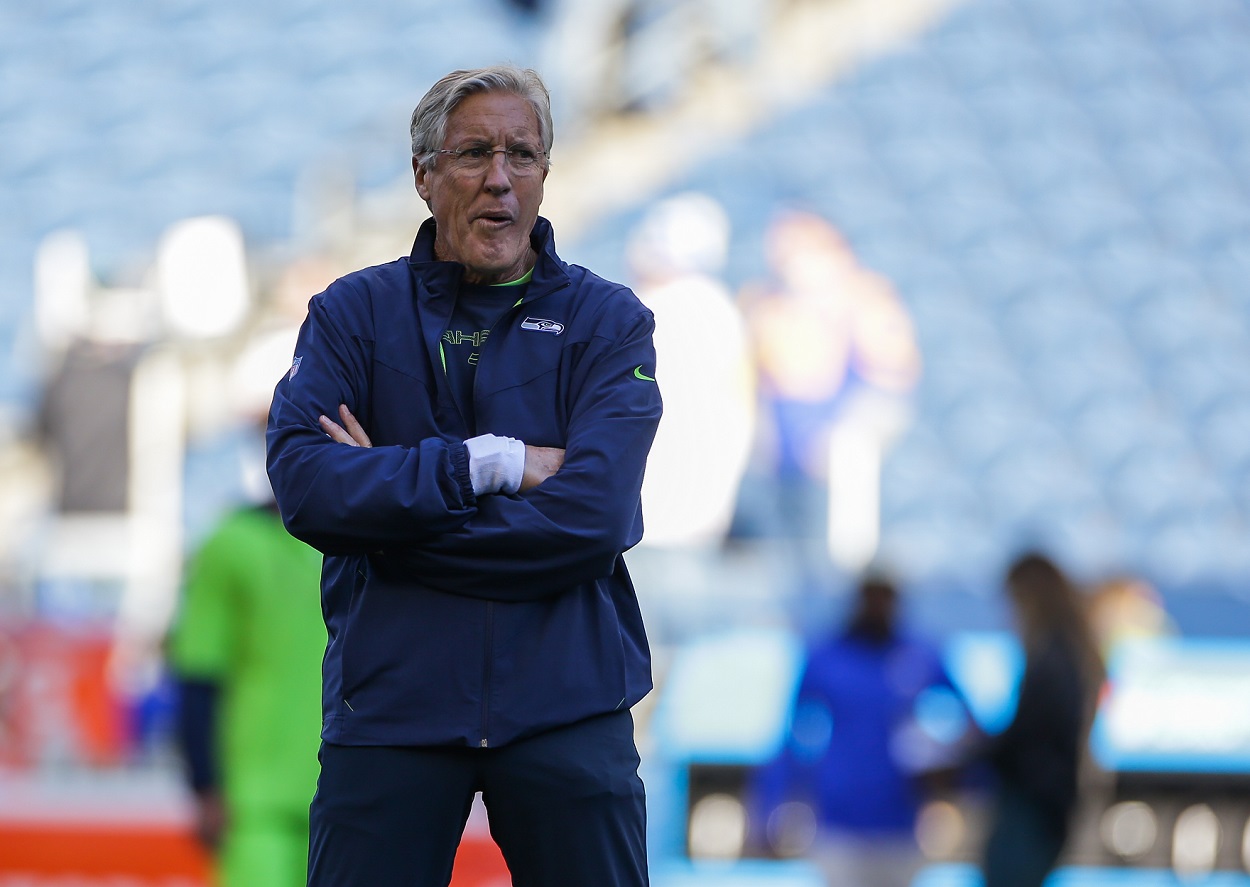 Pete Carroll of the Seattle Seahawks looks on before a game
