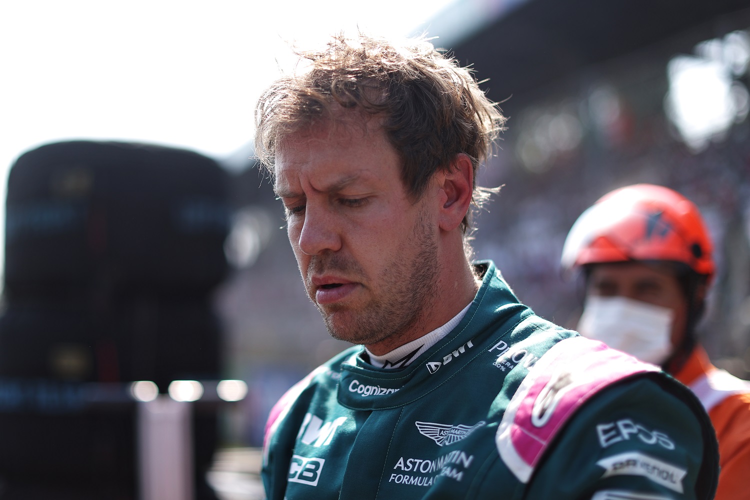 Sebastian Vettel of the Aston Martin Formula 1 team prepares on the grid during the Grand Prix of Italy at Autodromo di Monza on Sept. 12, 2021.