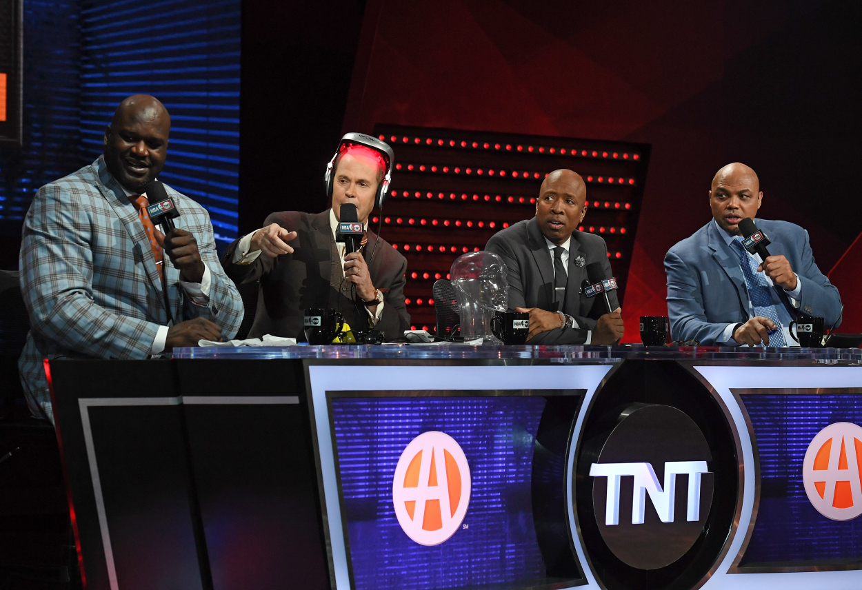 Shaquille O'Neal, Ernie Johnson, Kenny Smith, and Charles Barkley on 'Inside the NBA' in 2017.