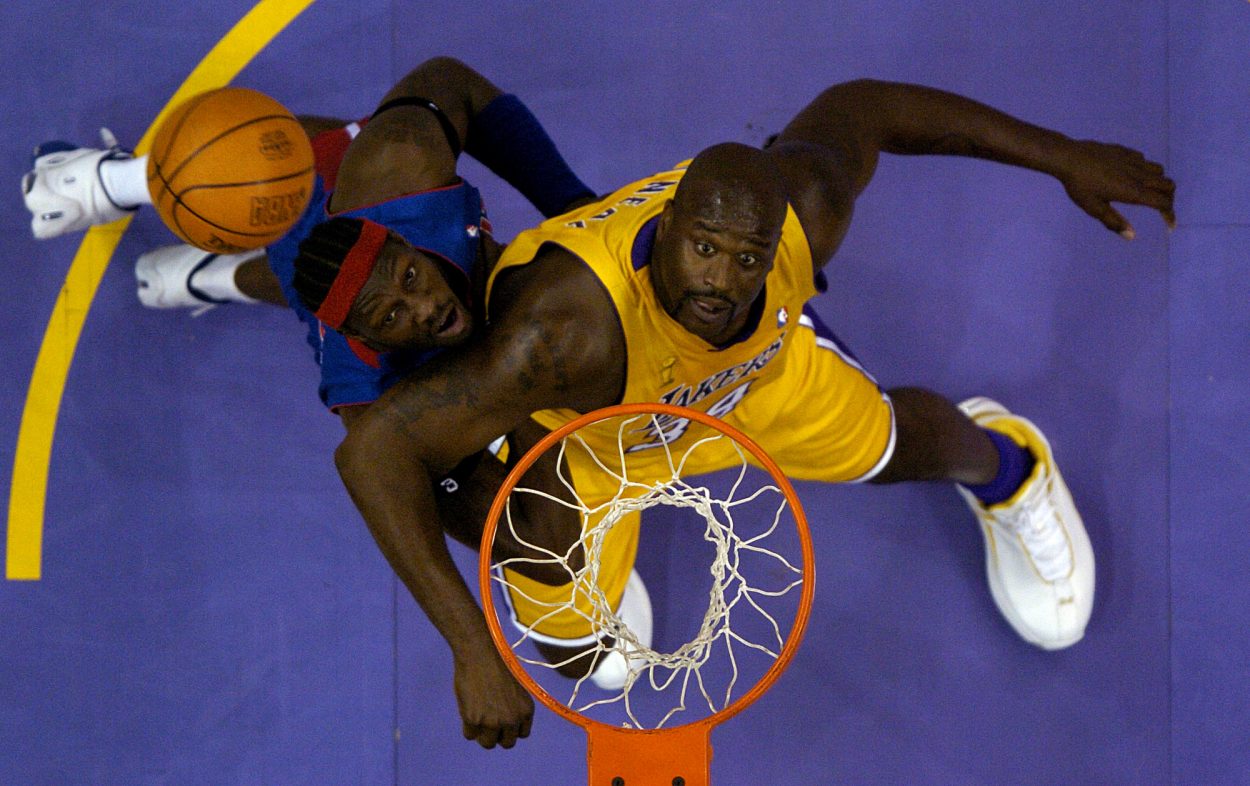 Former Lakers star Shaquille O'Neal battles with then-Pistons center during the 2004 NBA Finals