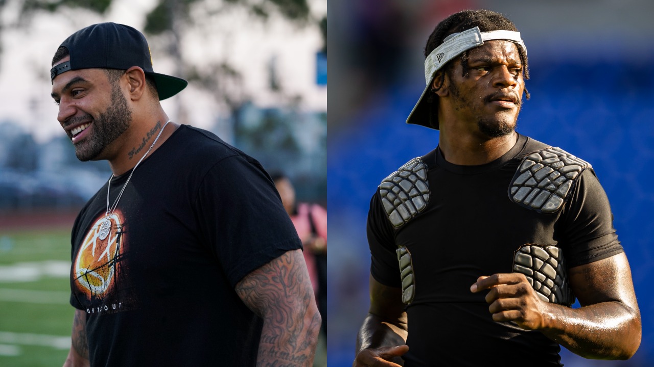 Shawne Merriman attends flag football game; Lamar Jackson warms up before a game