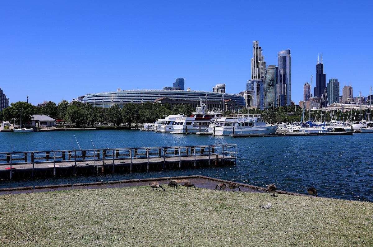 Soldier Field, home of the Chicago Bears football team, photographed from Burnham Harbor in Chicago, Illinois