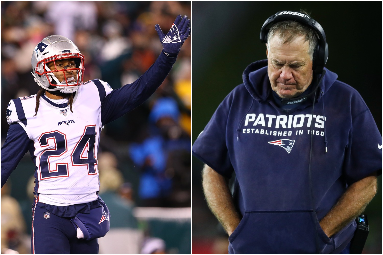 New England Patriots cornerback Stephon Gilmore gestures during a game as Bill Belichick looks down on the sidelines.