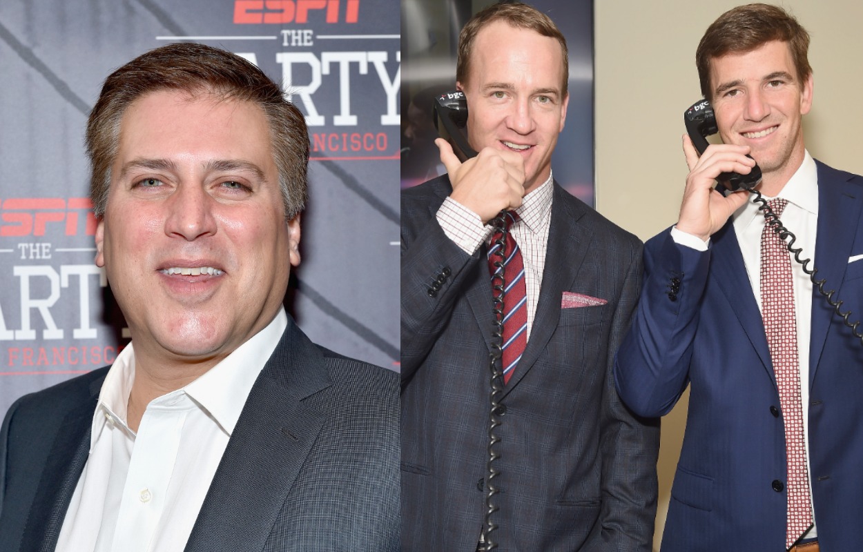 ESPN's Steve Levy (L) and former NFL quarterbacks Peyton and Eli Manning.