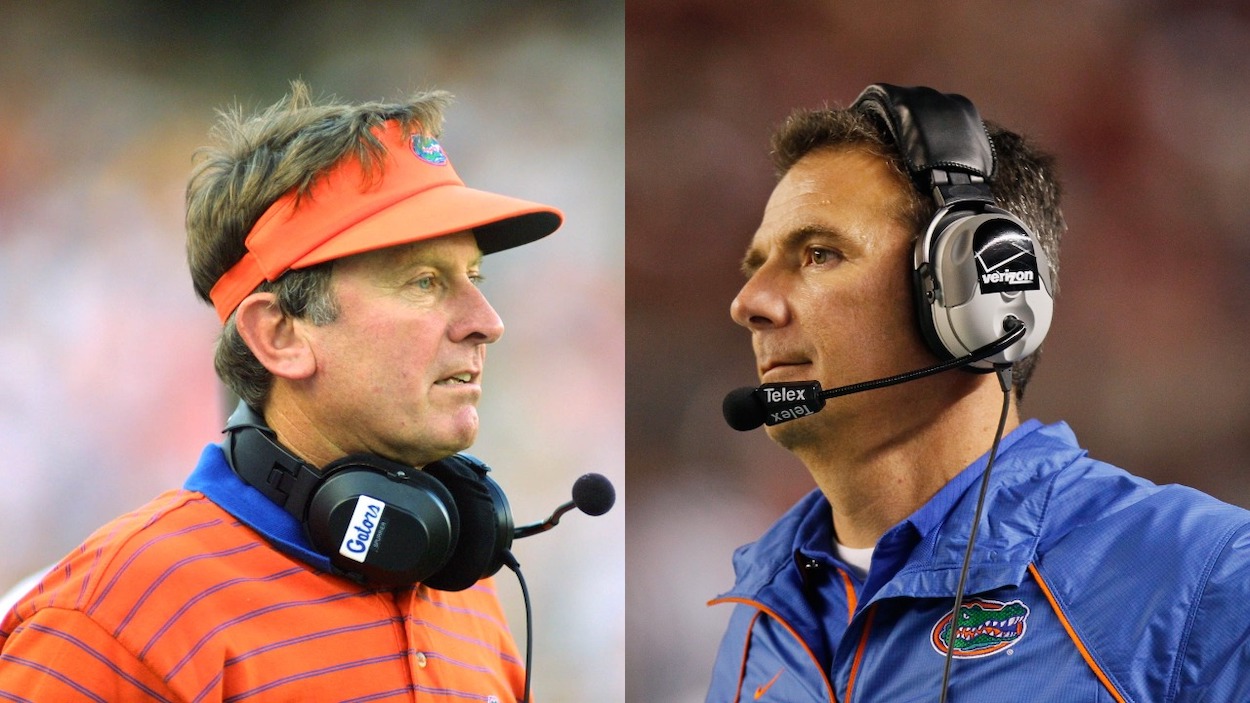 (L-R) Steve Spurrier coach of the Florida Gators watches the action against the La.-Monroe Indians at Florida Field in Gainesville, Florida. The Gators defeated the Indians 55-6; Head coach Urban Meyer of the Florida Gators against the Alabama Crimson Tide at Bryant-Denny Stadium on October 2, 2010 in Tuscaloosa, Alabama.