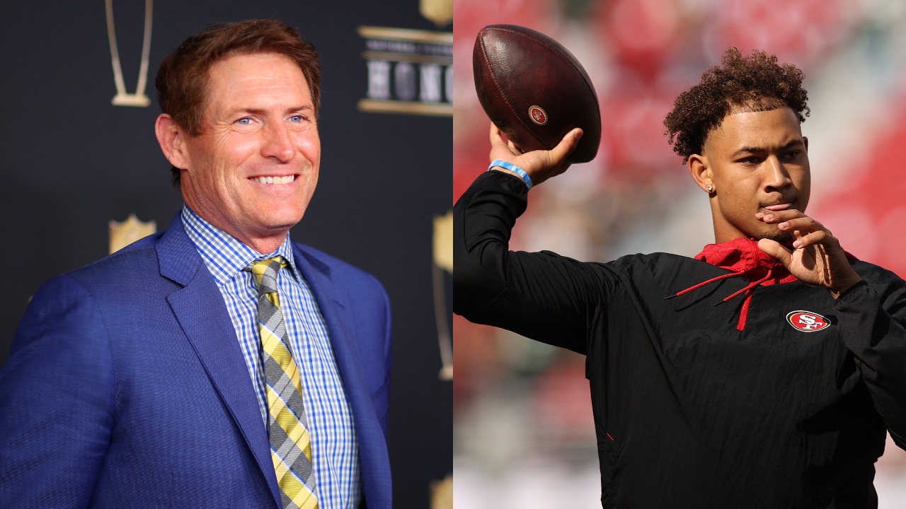 Steve Young posing for a picture; 49ers QB Trey Lance warming up