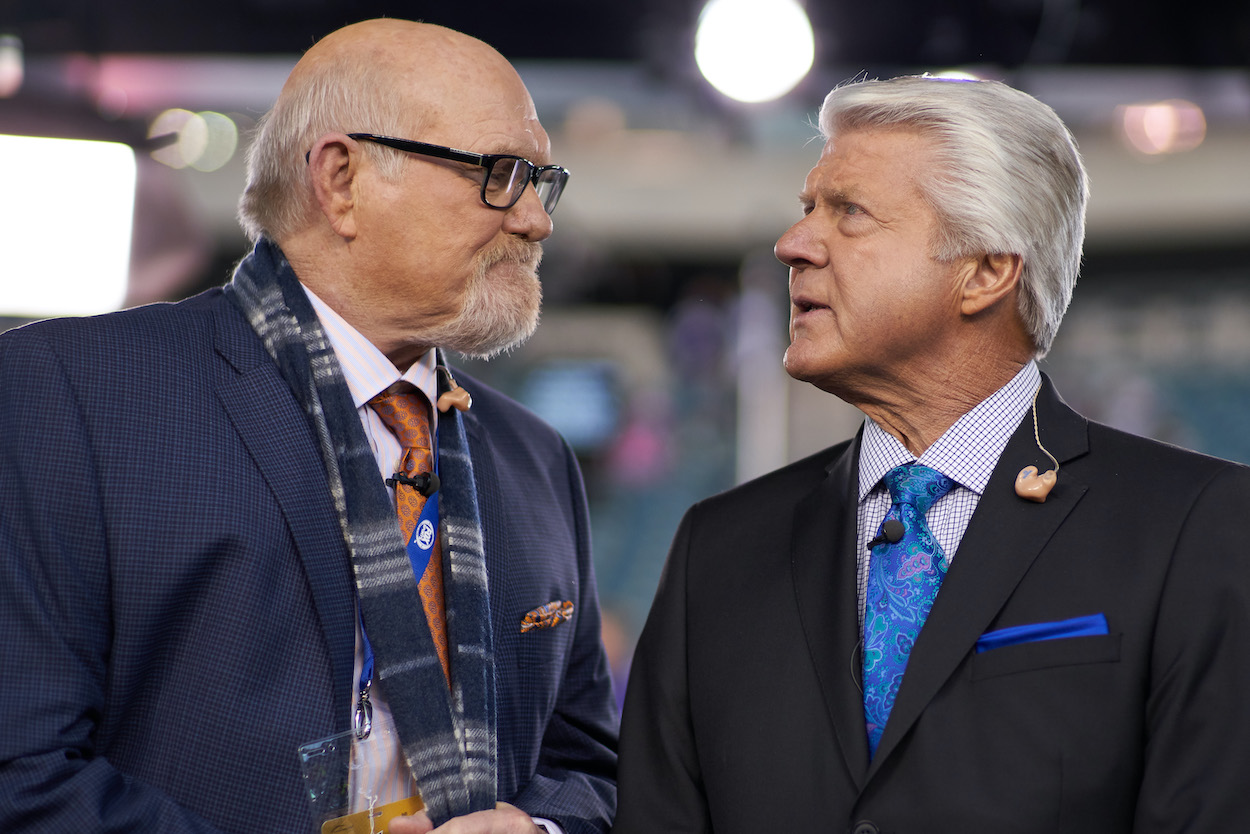 FOX Sports commentator Terry Bradshaw and Jimmy Johnson, who disagree on the Detroit Lions and Dan Campbell, chat prior to the start of the NFC Championship Game between the Minnesota Vikings and the Philadelphia Eagles on January 21, 2018 at the Lincoln Financial Field in Philadelphia, Pennsylvania.