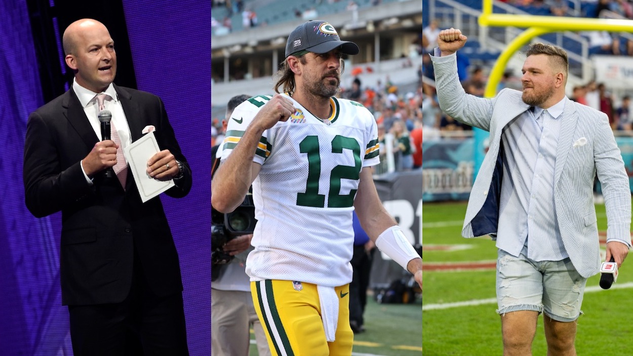 (L-R) Former NFL player Tim Hasselbeck speaks onstage during the 3rd Annual KLOVE Fan Awards at the Grand Ole Opry House on May 31, 2015 in Nashville, Tennessee; Aaron Rodgers of the Green Bay Packers celebrates after defeating the Cincinnati Bengals in overtime at Paul Brown Stadium on October 10, 2021 in Cincinnati, Ohio; Former ESPN sideline reporter Patrick McAfee during the Cheribundi Boca Raton Bowl college football game between the Southern Methodist University Mustangs and the FAU Owls on December 21, 2019 at FAU Stadium in Boca Raton, FL.