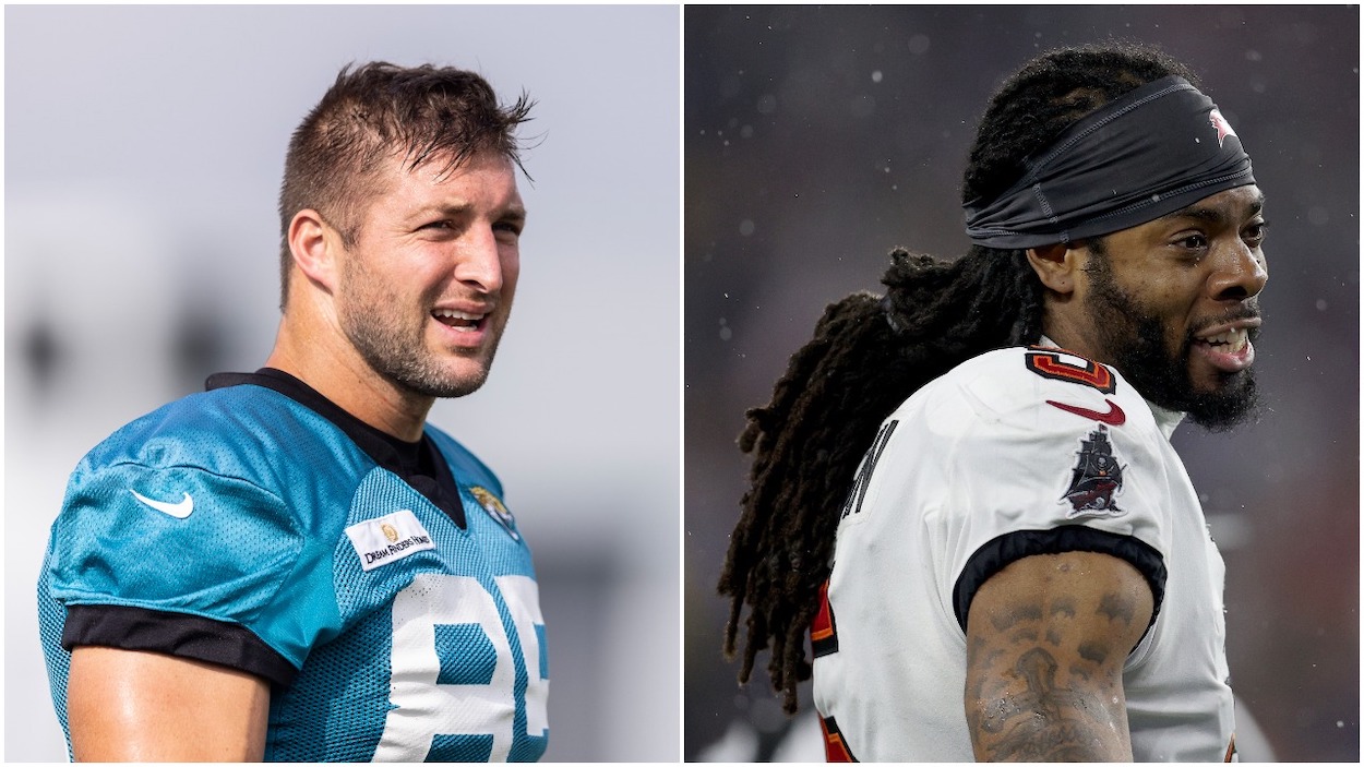 (L-R) Tim Tebow of the Jacksonville Jaguars looks on during Training Camp at TIAA Bank Field on July 30, 2021; Richard Sherman of the Tampa Bay Buccaneers looks on against the New England Patriots during the second quarter in the game at Gillette Stadium on October 03, 2021 in Foxborough, Massachusetts.