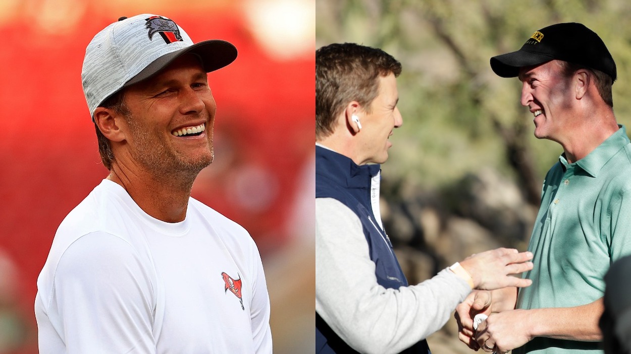 (L-R) Tom Brady of the Tampa Bay Buccaneers, who threw his 600th career TD pass on Sunday, looks on during a preseason game against the Tennessee Titans at Raymond James Stadium on August 21, 2021 in Tampa, Florida; Eli Manning and Peyton Manning talk during Capital One's The Match: Champions For Change at Stone Canyon Golf Club on November 27, 2020 in Oro Valley, Arizona.