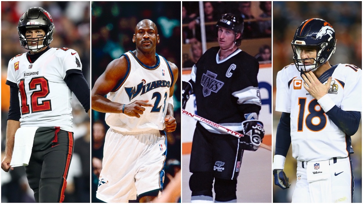 (L-R) Tom Brady with the Tampa Bay Buccaneers, Michael Jordan with the Washington Wizards, Wayne Gretzky with the Los Angeles Kings, and Peyton Manning with the Denver Broncos.