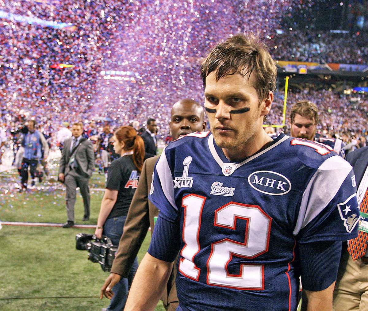 Tom Brady as he leaves the field after losing to the New York Giants in Super Bowl XLVI
