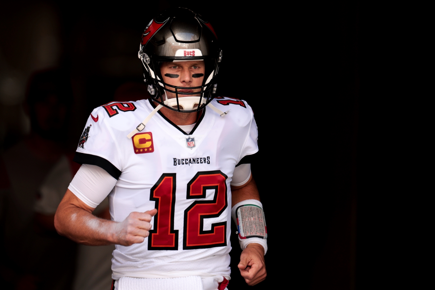 Tom Brady of the Tampa Bay Buccaneers enters the field prior to the game against the Atlanta Falcons.