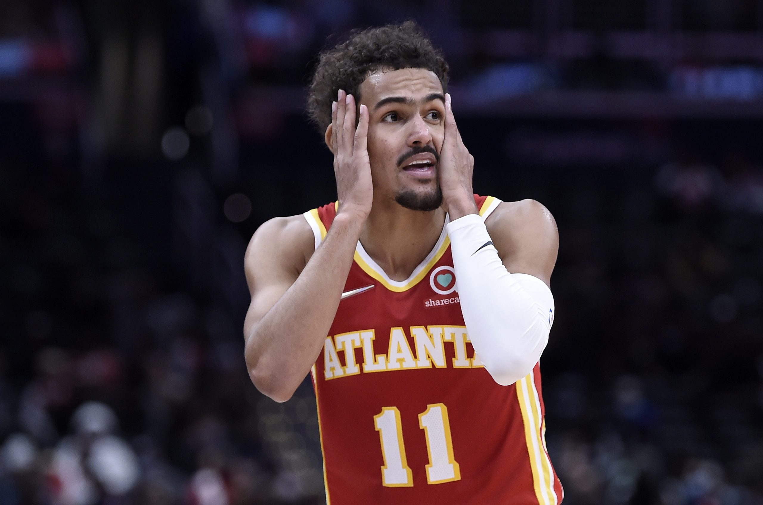 Trae Young of the Atlanta Hawks reacts to a call in the first half against the Washington Wizards.
