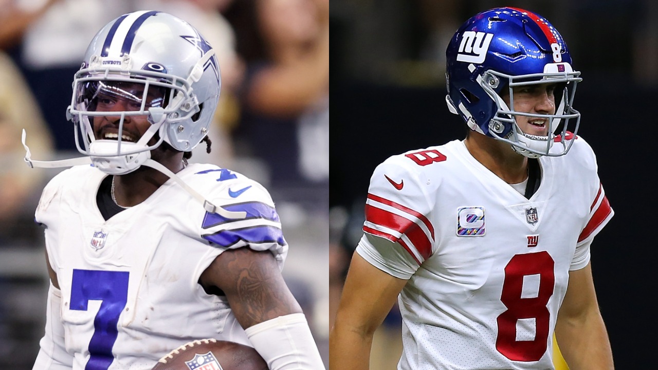 Trevon Diggs celebrates after an interception; Giants QB Daniel Jones in action