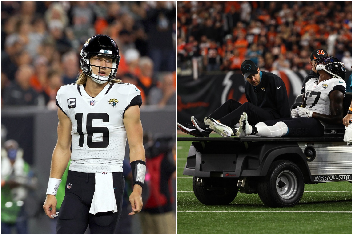 Jaguars QB Trevor Lawrence looks on during a game as teammate DJ Chark gets carted off the field.