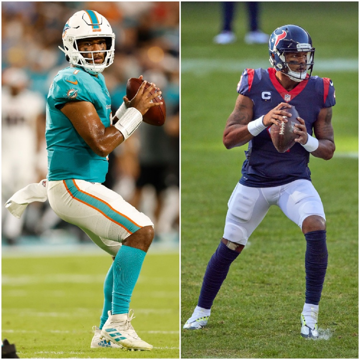 Tua Tagovailoa of the Miami Dolphins and Deshaun Watson of the Houston Texans