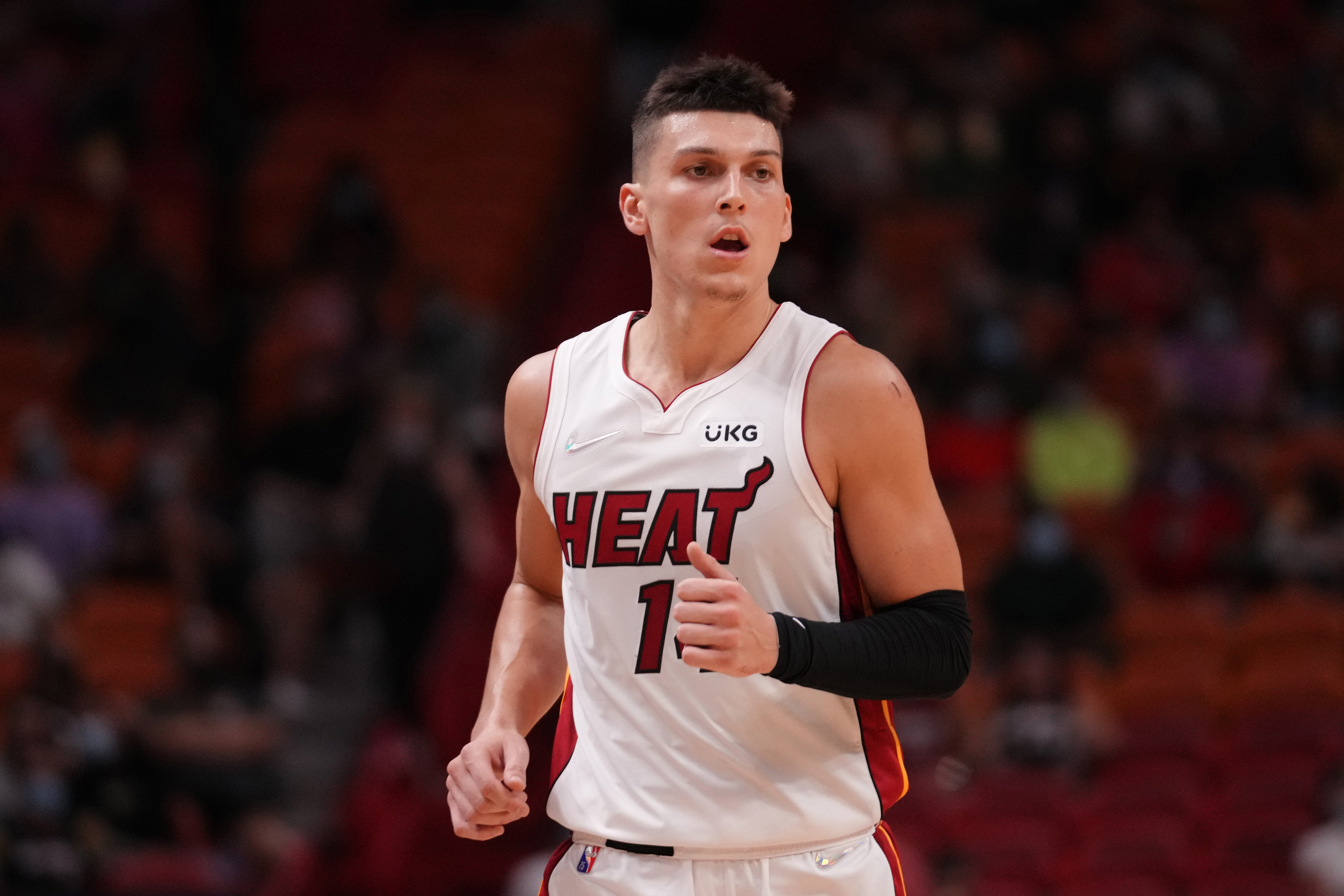 Miami Heat guard Tyler Herro runs up the floor during a preseason game