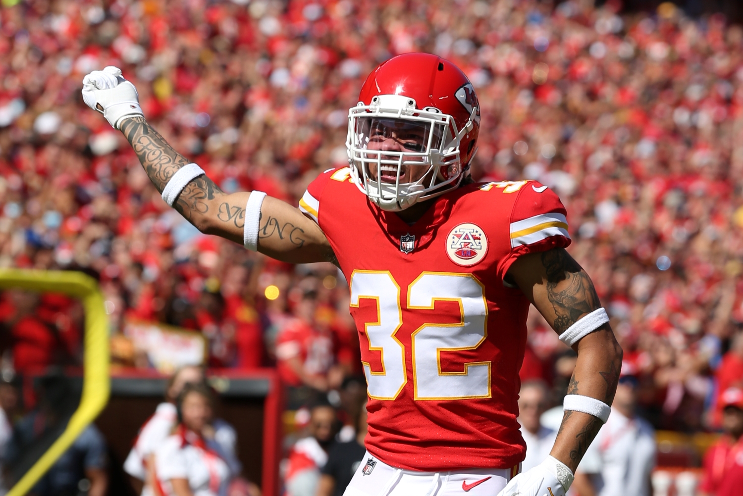 Kansas City Chiefs safety Tyrann Mathieu gestures before a game.