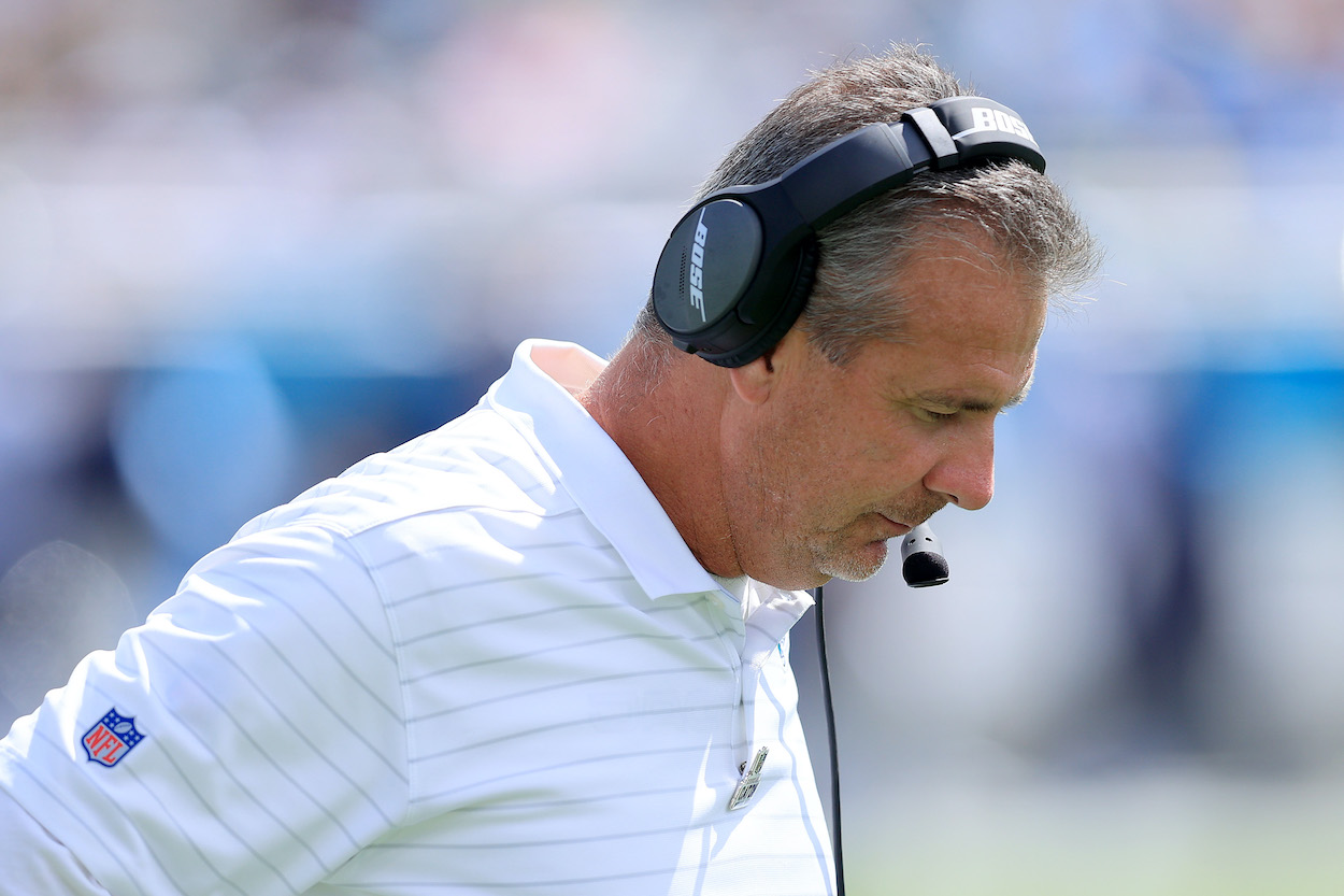 Head coach Urban Meyer of the Jacksonville Jaguars looks on during the first half against Tennessee Titans at TIAA Bank Field on October 10, 2021 in Jacksonville, Florida.