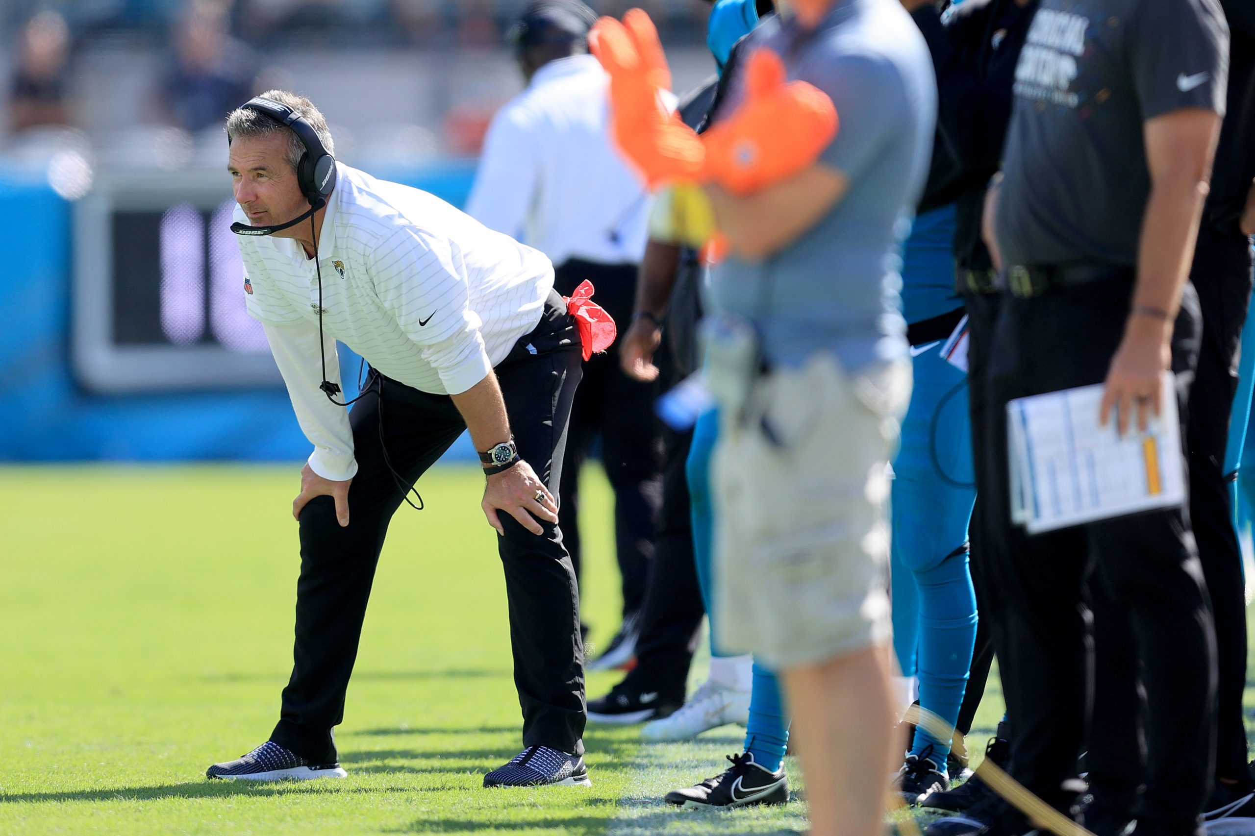 Head coach Urban Meyer of the Jacksonville Jaguars watches the action.