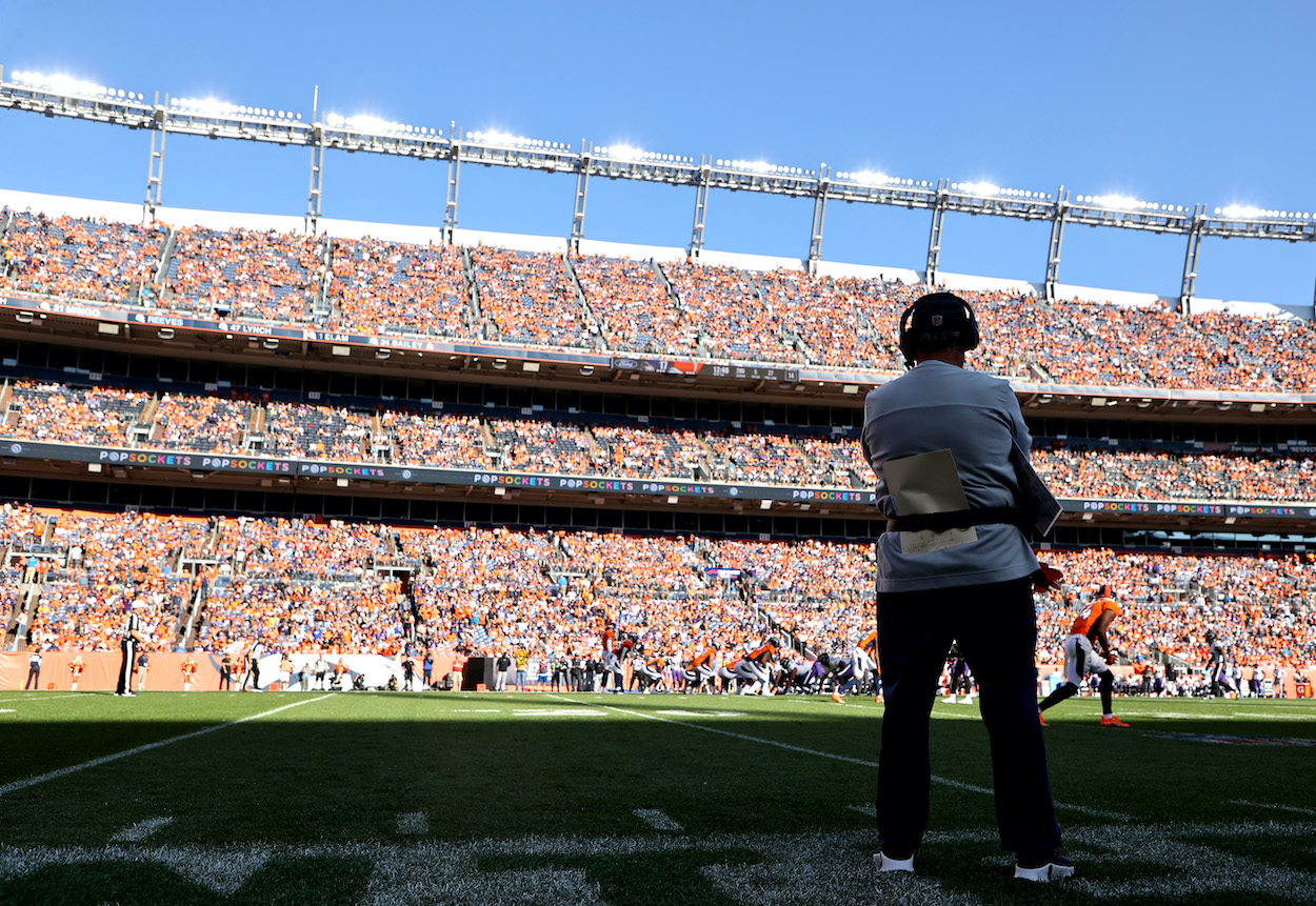 Head coach Vic Fangio, who Dan Orlovsky thinks could be fired next, of the Denver Broncos looks on from the side line during the game against the Baltimore Ravens at Empower Field At Mile High on October 03, 2021 in Denver, Colorado.