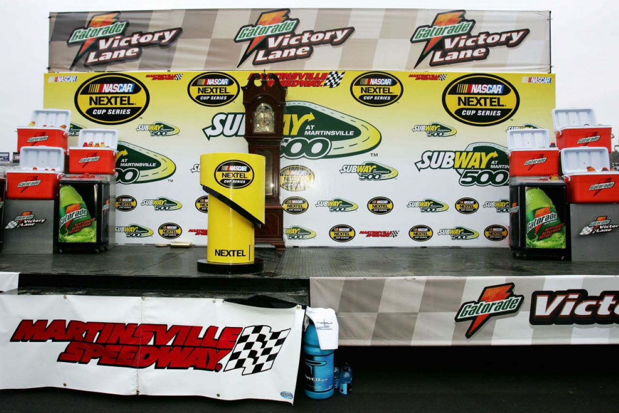 Victory Lane stands empty after the awards ceremony was cancelled when news broke that a Hendrick Motorsports plane crashed before the NASCAR Nextel Cup Subway 500 on Oct. 24, 2004, at Martinsville Speedway
