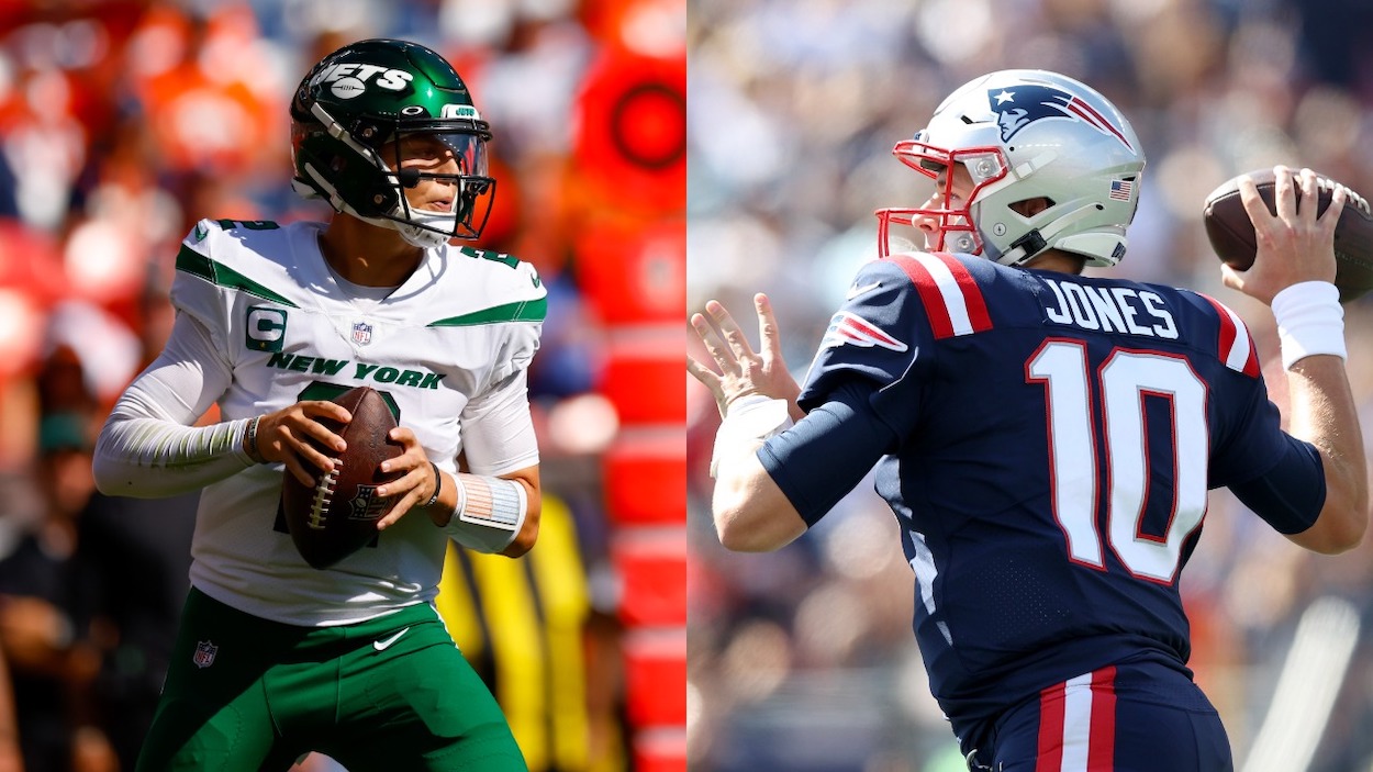 (L-R) Quarterback Zach Wilson of the New York Jets looks to pass during the second quarter against the Denver Broncos at Empower Field at Mile High on September 26, 2021 in Denver, Colorado; Quarterback Mac Jones of the New England Patriots passes the ball against the New Orleans Saints in the first quarter of the game at Gillette Stadium on September 26, 2021 in Foxborough, Massachusetts.