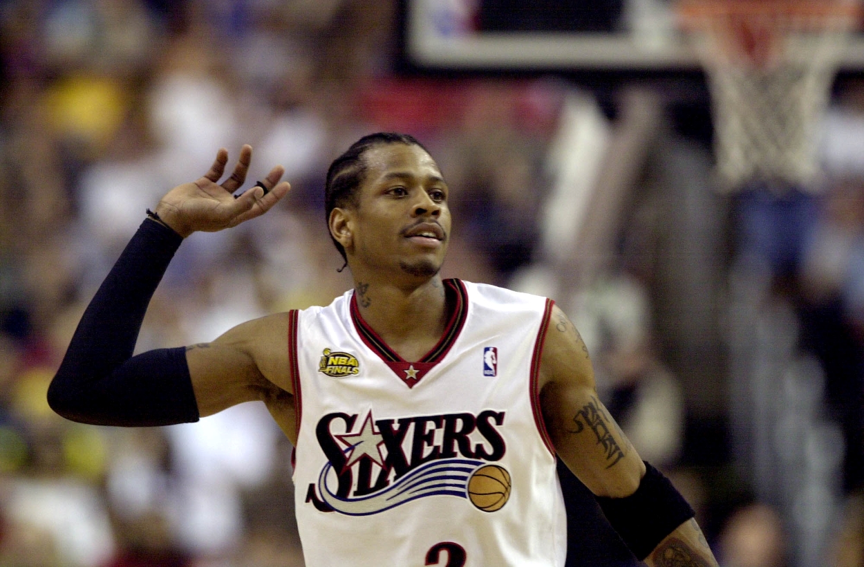 Allen Iverson signals to the Philadelphia 76ers crowd.
