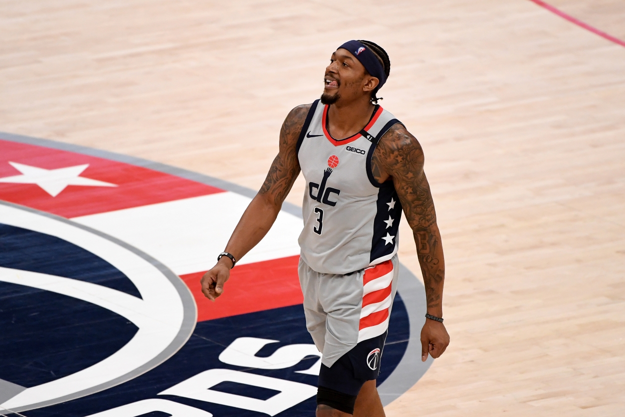Bradley Beal of the Washington Wizards reacts to a play during a home game against the Indiana Pacers